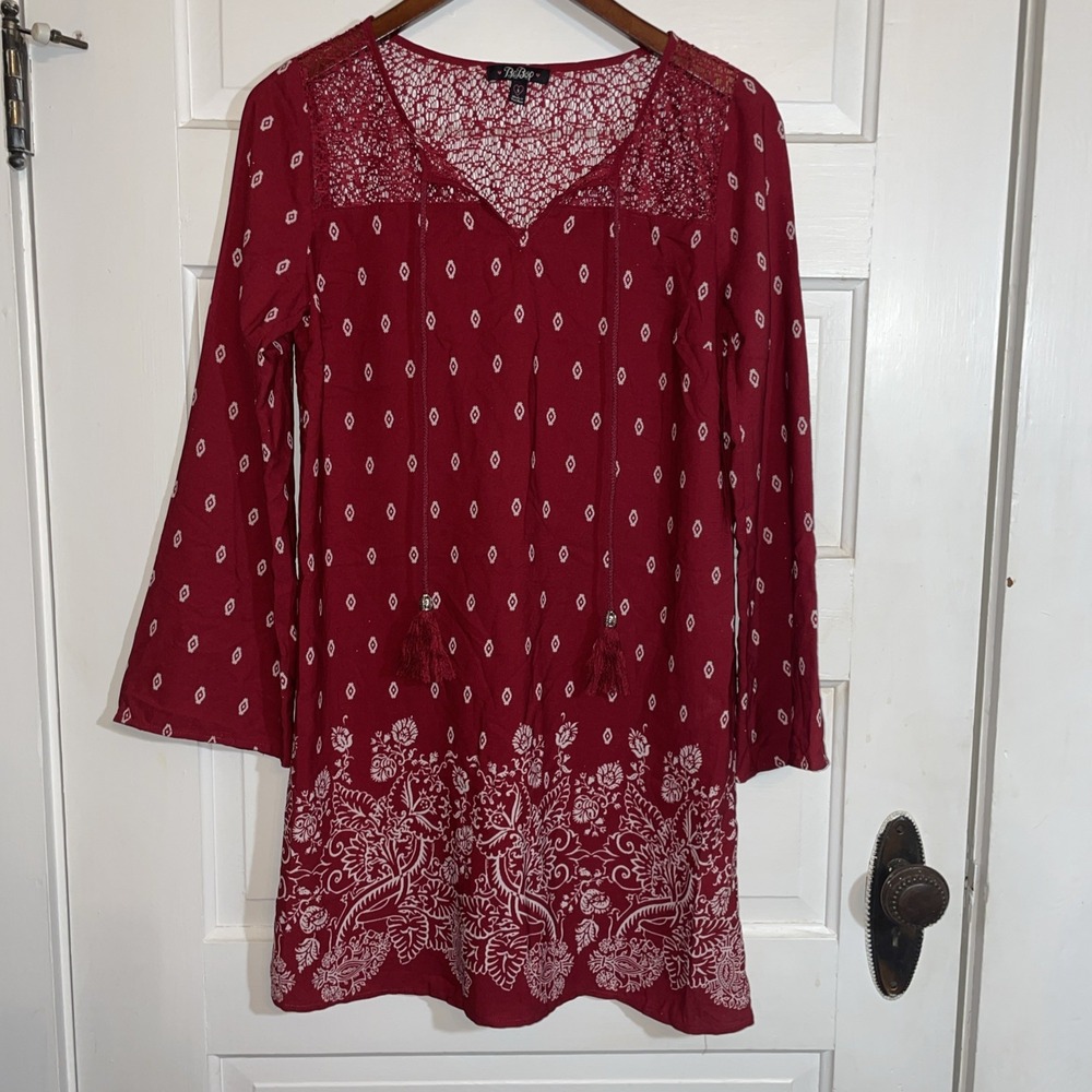 BeBop Womens Long Sleeve Dress Red with White geometric Floral Design